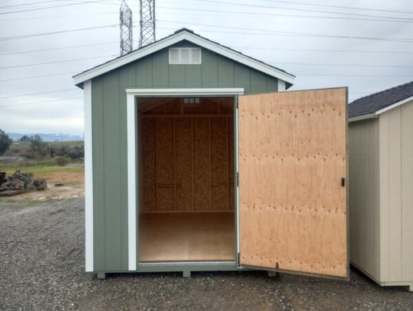 Premium Ranch Shed in green with open front door