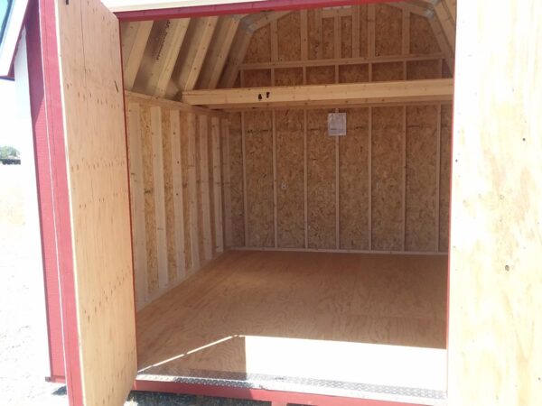 10 x 12 Premium Barn with open double doors and loft shelf